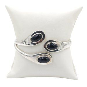 Modernist Black Onyx Cabochon Hinged Sterling Bracelet, Vintage 925 Bypass Brace